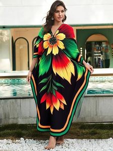 Robe longue florale à col en V, manches trois-quarts, coupe ample, style bohème, vêtements de plage pour femmes, polyester léger - Product Image 4