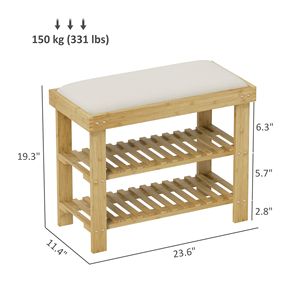 Cream White 3-Tier Bamboo Shoe Storage <b>Bench</b> with <b>Cushion</b> Entryway Hallway Shoe Organizer - Product Image 3
