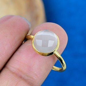 Handmade White Monalisa <b>Quartz</b> Round Shape Gemstone <b>Ring</b> 18k Gold Micron Over 295 Sterling Silver <b>Ring</b> - Product Image 3