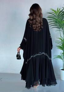 Hot Sale Dubai Breathable Spring Winter Eid Prayer Elegant <b>Black</b> Chiffon Long <b>Dress</b> Beading V-Neck Women's <b>Plus</b> <b>Size</b> Turkish - Product Image 2