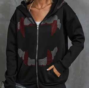 Sweat-shirt à capuche zippé pour femme, coupe oversize, motif dents en strass, style streetwear, en coton tricoté, pour l'automne - Product Image 5