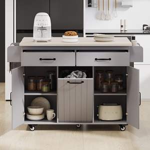 Îlot de cuisine K K avec poubelle intégrée, armoire de rangement, chariot de cuisine à feuilles rabattables avec étagère à épices, porte-serviettes et tiroir roulant - Product Image 6