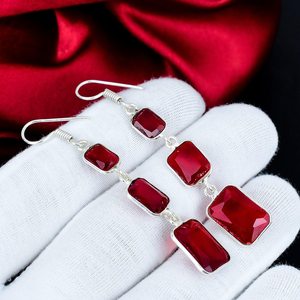 Pendientes Colgantes de Plata de Ley 925 con Tres Piedras de Granate Rojo de Alta Calidad RUHAN GEMS ER-0349, Joyería con Gemas Facetadas - Product Image 3