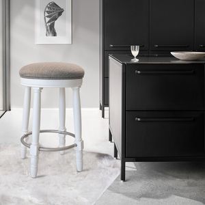 Set di 2 Sgabelli da Bar in Legno Bianco con Seduta Girevole a 360 Gradi e Cuscino Grigio per Banconi - Product Image 2