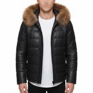Veste matelassée en PU noir pour homme avec capuche en fourrure, coupe-vent, manteau d'hiver décontracté, rembourrage en duvet, coupe régulière, fermeture éclair - Product Image 2