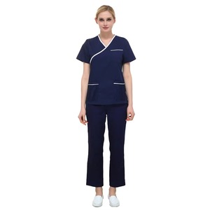 MANTIC ENTERPRISES Unisex Navy <b>Blue</b> <b>Scrub</b> Top Short Sleeve V-Neck Pockets Hospital Uniform 94% Polyester 6% Spandex Twill Fabric - Product Image 1