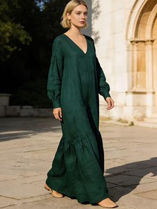 Women Loose Fit Green <b>Boho</b> Maxi <b>Dress</b> <b>Long</b> Sleeve Round Neck Cotton Linen Plain Elegant Summer <b>Dress</b> - Product Image 3