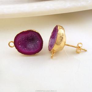 Pendientes de tuerca de ágata drusa rosa, chapados en oro, con cristal en rodajas, hechos a mano, joyería de drusa rosa teñida - Product Image 6