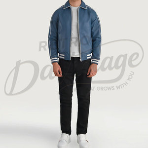 Men Blue Genuine Leather Bomber <b>Jacket</b> with White Racing Stripes and Contrast Ribbed Cuffs <b>Slim</b> <b>Fit</b> Sporty Outwear - Product Image 4