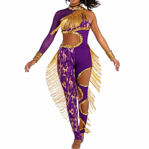 Costume de majorette à franges en sequins noir et violet pour femmes, tenue de danse pour adultes, vêtements de performance de haute qualité, coton spandex pour hommes, 220g - Product Image 4