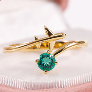 Women's Gold Plated Airplane <b>Ring</b> With Round <b>Green</b> Zircon Cute Gemstone Fashion Jewelry - Product Image 1