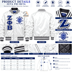 Chaqueta Universitaria Ligera y Ecológica de Satén Zeta Phi Beta para Mujer, Talla Grande, Blanca y Negra, con Letras Griegas Bordadas - Product Image 5