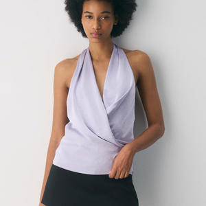 New 2026 Summer Fashion Halter Neck Loose Short Knitted Solid Front Logo Ruffles Bottom Sleeveless Women Casual Top Women <b>Blouse</b> - Product Image 1