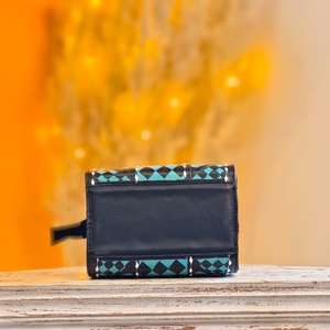 Sky Blue & Black Color Hand Tooled Florals Carved With Checkered Diamond Pattern 100% Genuine Leather Mini Speedy Duffle Handbag - Product Image 3