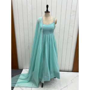 Hermoso Vestido Anarkali Talla XS con Pantalón y Dupatta para Fiesta, Color Cielo - Product Image 3