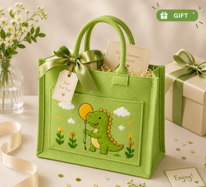 กระเป๋าโท้ทลายไดโนเสาร์สีเขียว ขนาด 28x23 ซม. ทำจากผ้าปอกระเจา พร้อมหูหิ้วแบบยาว มีช่องด้านใน เหมาะสำหรับงานแต่งงานและใส่ของชำ - Product Image 3