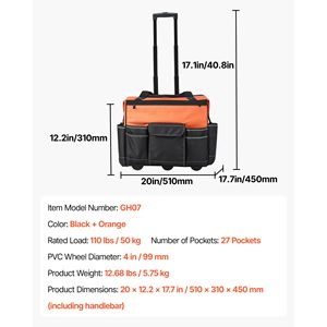 Sac à outils à roulettes robuste, capacité de charge de 110 lb, 27 poches, poignée télescopique réglable avec roues, capacité de charge de 110 lb - Product Image 3