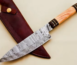 Couteau de chef LEGACY BLADES en acier Damas fait main avec manche en bois ambidextre, finition haute brillance, compatible lave-vaisselle - Product Image 4