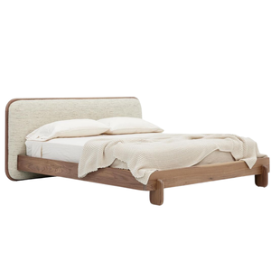 Mid Century Teak Wood <b>Bed</b> <b>Frame</b> Fabric Upholstered Headboard <b>Platform</b> <b>Bed</b> - Product Image 1