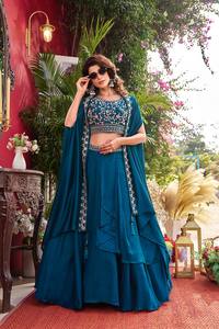 Ensemble Lehenga Choli brodé bleu en soie Banarasi Anarkali avec dupatta lourd, robe de soirée de mariage - Product Image 5