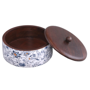 Modern Handcrafted Mango Wood Roti Box with Floral Enamel Printed Lid Eco-Friendly Hot Pot Casserole for Dining <b>Table</b> Storage - Product Image 2