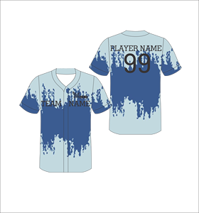 Maillot de baseball personnalisé sublimé, bleu clair et bleu foncé, imprimé effet éclaboussures, entièrement boutonné, uniforme d'équipe, léger et respirant - Product Image 1