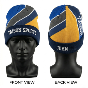 Mens Soccer Beanie 280 GSM High Quality Acrylic Fabric Blue Grey <b>Yellow</b> Panel Knit Hat Custom Embroidered Logo Winter Wear - Product Image 1