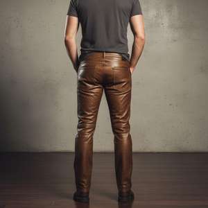 Pantalon en cuir d'agneau marron pour homme, finition cirée vieillie - Product Image 3