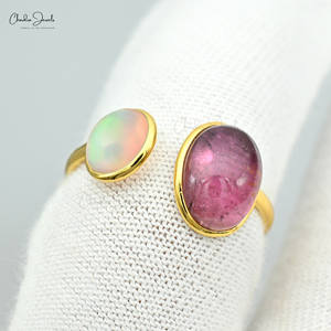 Verified Wholesaler 14K Solid Yellow Gold Opal <b>Split</b> Shank <b>Ring</b> 10X8mm Cab Pink Tourmaline Dual Gemstone Cuff <b>Ring</b> For Women - Product Image 5