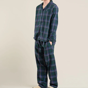Pijamas de algodón orgánico para hombre, manga larga, conjunto de dos piezas a rayas, camisa con botones y pantalón, conjunto de ropa de dormir personalizada. - Product Image 3