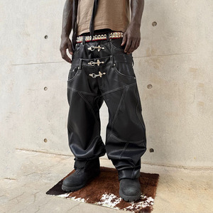 Pantalones Anchos Góticos para Hombre, Cintura Alta, Recubiertos de PU, Múltiples Bolsillos, Negros, Estilo Invernal, Resistentes - Product Image 6