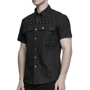 Gothic Punk Men's Short Sleeve Shirt <b>Metal</b> Eyelet Pocket Detailing Black Slim Fit Streetwear Cotton Shirts - Product Image 3