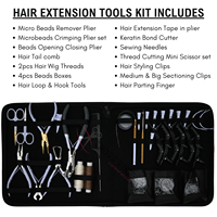 Kit d'outils professionnels pour extensions capillaires avec pinces à extensions, fils pour perruques, aiguilles à coudre, pinces de séparation, pinces de coiffage et peigne