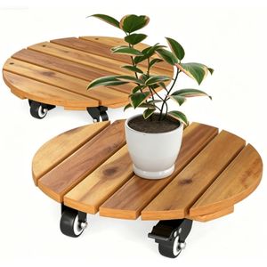 Ensemble de 2 supports de plantes ronds portables en bois finition naturelle avec 4 roues, chariot robuste pour plantes, patio, jardin - Product Image 2