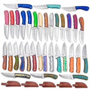 Cuchillo de acero de Damasco hecho a mano con mango colorido y funda de cuero, cuchillo de camping. - Product Image 6