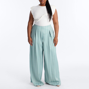 Pantalon large taille haute pour femme en satin bleu clair plissé, longueur intégrale, respirant, 100 % coton, élégant, coupe ample, idéal pour le printemps - Product Image 4