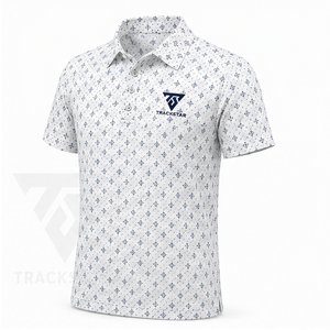 Trackstar Men's <b>White</b> Navy Geometric Print <b>Polo</b> Shirt Short Sleeve Button Collar Casual Golf <b>Top</b> Custom Logo - Product Image 3