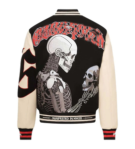 Men's Black Varsity <b>Jacket</b> With Skeleton Embroidery <b>Punk</b> Style Turn-down Collar Single Breasted Regular Fit - Product Image 4
