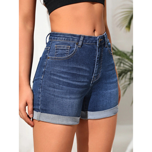 Shorts de Mezclilla de Cintura Alta para Mujer, Color Sólido, Botones al Frente, Lavado a la Piedra, Azul Oscuro, Verano, Casual, Corte Regular, Dobladillo Reforzado, ODM OEM - Product Image 6