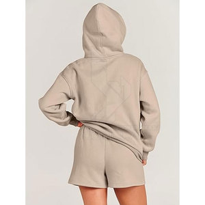 Conjunto de Sudadera con Capucha Gris Sólido para Mujer, Pantalones Cortos de Algodón y Forro Polar, Atuendo Combinado Informal, Estilo Veraniego - Product Image 2