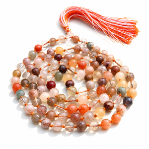 Collier de perles Mala 108 en quartz rutilé multicolore noué à la main, pierres précieuses, yoga - Product Image 1
