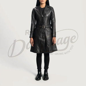 Premium <b>Women</b> <b>Black</b> Real Leather <b>Trench</b> <b>Coat</b> Classic <b>Long</b> Belted Sheepskin Overcoat Slim Fit Formal Leather Jacket - Product Image 6