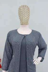 Traje Salwar de Algodón Gris para Mujer con Chaqueta Bordada, Corte Holgado, Estilo Casual para Todas las Temporadas, Estilo Indio-Pakistaní - Product Image 3