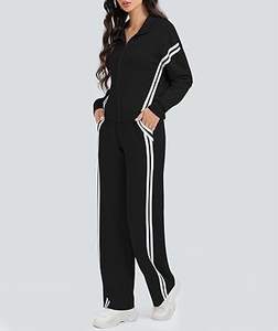 Ensemble de survêtement 2 pièces pour femme Casly Lamiit, avec fermeture éclair, pantalon de jogging à rayures contrastées et jambes larges, idéal pour les voyages - Product Image 3