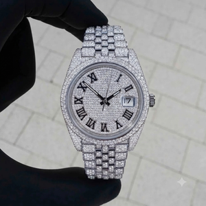 Montre de luxe pour homme sertie de diamants, 40 mm, cadran rond, affichage de la date, chiffres romains, bracelet en acier inoxydable, fermoir déployant - Product Image 1