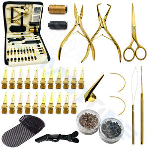 Kit d'outils pour extensions capillaires dorées en acier inoxydable : micro-perles, pinces, aiguilles, crochets, boucles, ciseaux, fils et perles durables et réutilisables - Product Image 2