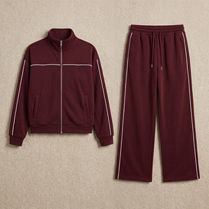 Conjunto de sudadera con capucha deportiva de marca privada para mujer, chaqueta con cremallera completa, cuello alto, ribetes en contraste, chándal de forro polar, pantalón relajado - Product Image 3