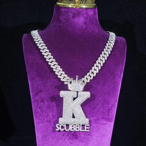 K Scubble Pendant 925 Silver Rhodium Plated Moissanite Letter Crown Charm Men's Hiphop Everyday Wear - Product Image 1