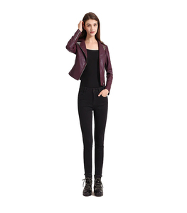 Women's Purple PU Leather Moto Jacket Full Sleeve Turn Down Collar <b>Zipper</b> Closure Autumn Style - Product Image 2
