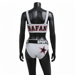 Conjunto de bikini para mujer de nailon y spandex de alta elasticidad, gris, blanco, negro, con paneles en contraste, banda jacquard y logotipo personalizado. - Product Image 2